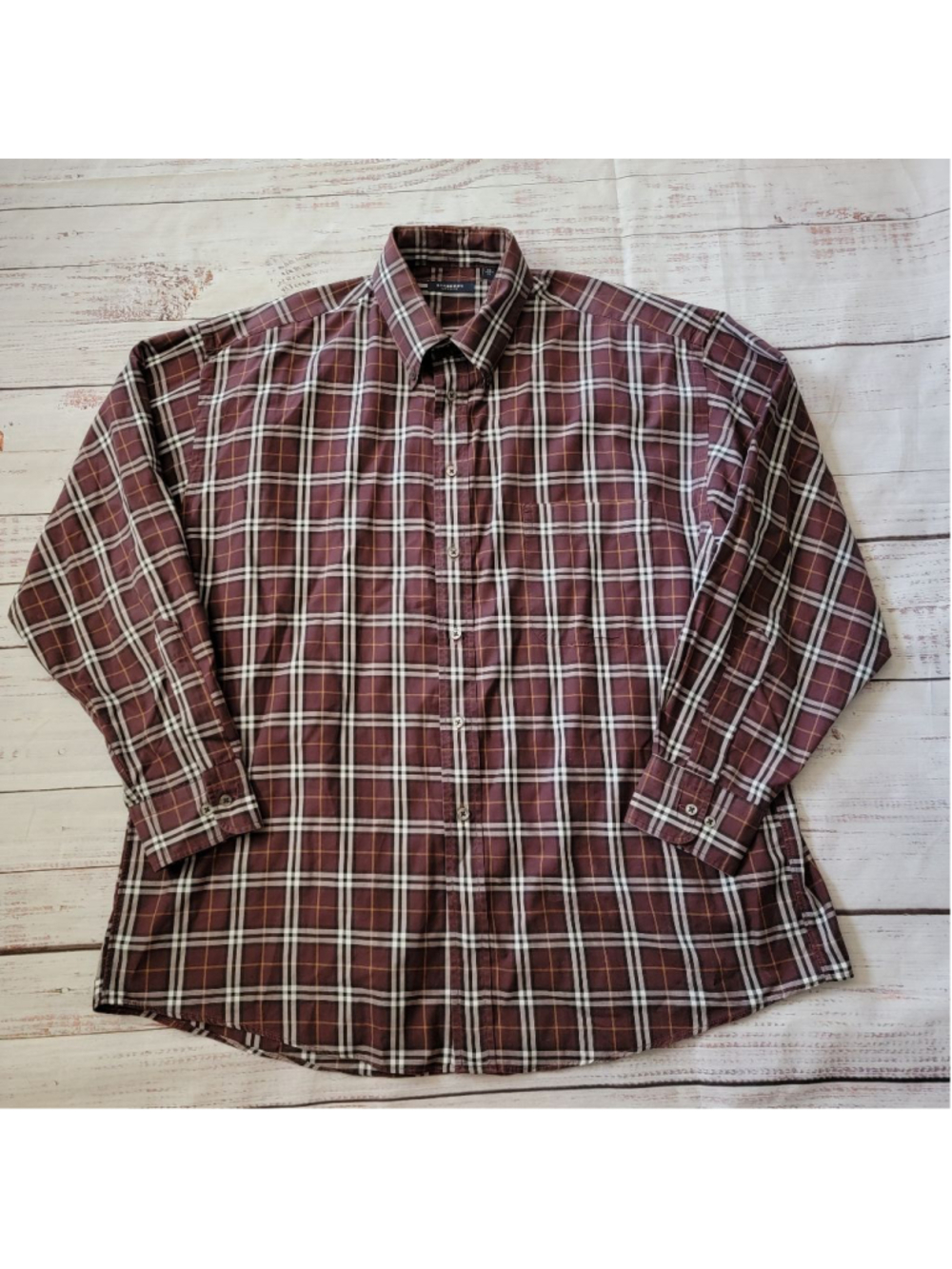 Vintage Burberry London Burgundy Grid Collared Cotton Button Up Mens XL